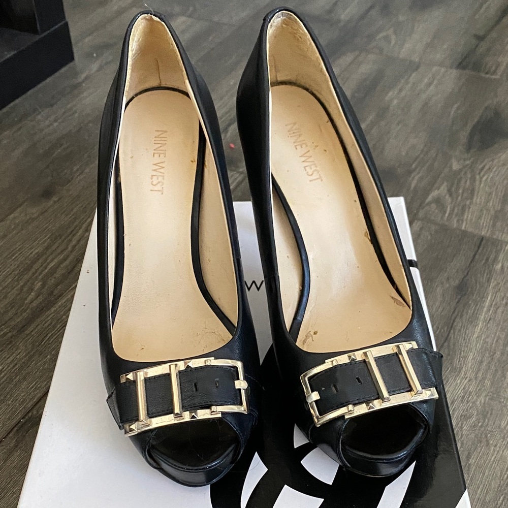 Nine West Black Peep-Toe Heels with Gold Buckle Detail
